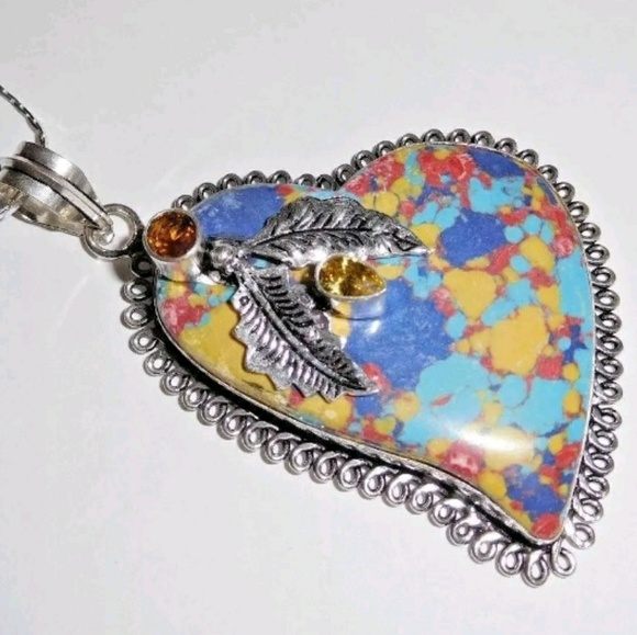 Mosaic Jasper ❤Heart❤ Pendant 925 Silver - Picture 1 of 3